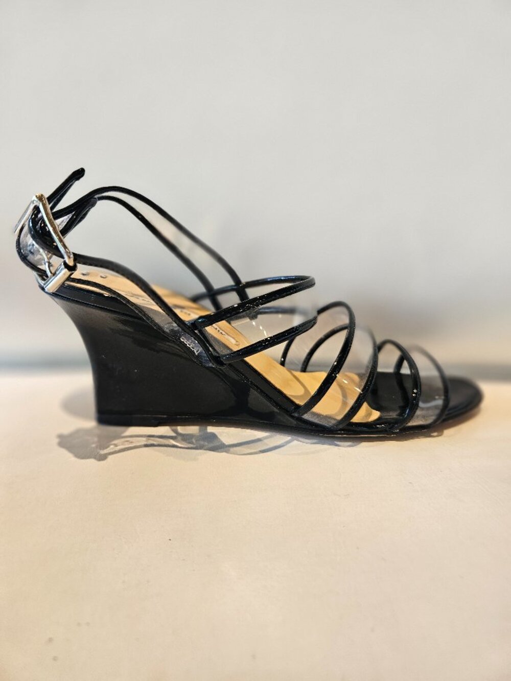 Manolo Blahnik Black & Clear Patent Leather Wedge Sandals, Size 5 1/2